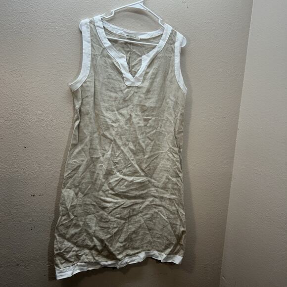 Lungo L'Arno 100% Linen Made In Italy White Tan Shift Dress Size M Minimalist - Picture 1 of 9